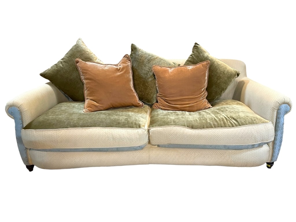 CISCO BROTHERS TWO-CUSHION CUSTOM SOFA: CISCO BROTHERS TWO-CUSHION SOFA WITH CONTRASTING FABRICS AND ACCENT PILLOWS -This beautifully crafted Cisco Brothers sofa features elegant rolled arms, luxurious mixed upholstery, and deep, ultra-comf