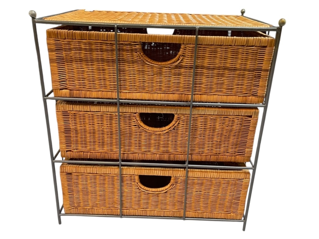 WICKER DRAWER STORAGE UNIT 25": METAL FRAME STORAGE UNIT WITH THREE WICKER DRAWERS -Compact and versatile storage cabinet featuring a sturdy metal frame fitted with three removable woven wicker drawers, each with integrated pull han