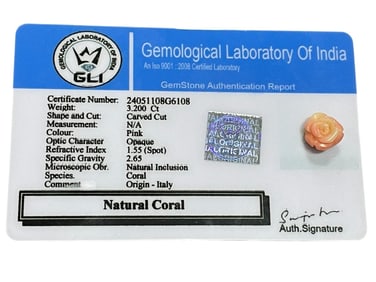 NATURAL CORAL CARVED ROSE 3.20 CTS– CERTIFIED