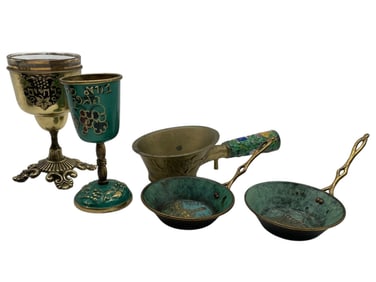 DECORATIVE BRASS AND ENAMEL JUDAICA TABLEWARE LOT