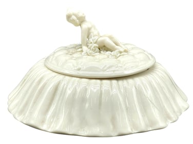 DOROTHY OKUMOTO PORCELAIN  LIDDED DISH W CHERUB 6"