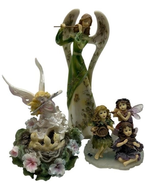 SET OF 3 MUSICAL ANGEL & FAIRY FIGURINES 10": - ENCHANTING TRIO OF RESIN AND PORCELAIN-STYLE FIGURINES FEATURING WINGED CHARACTERS WITH MUSICAL INSTRUMENTS. INCLUDES A TALL GREEN-ROBED ANGEL PLAYING A FLUTE WITH GLITTERING FLORAL DETAILS, A FAIRY