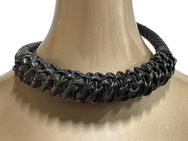 BLACK WOVEN LEATHER STATEMENT NECKLACE