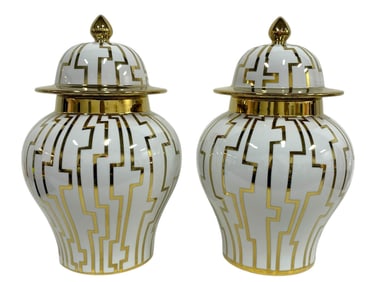 2 WHITE & GOLD ART DECO STYLE GINGER JARS 16"