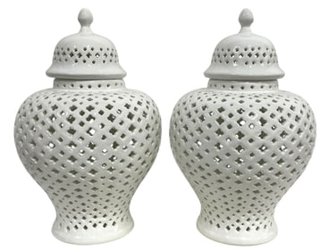 PAIR OF PIERCED WHITE CERAMIC GINGER JARS 15"