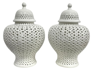 PAIR OF PIERCED WHITE CERAMIC GINGER JARS 19"