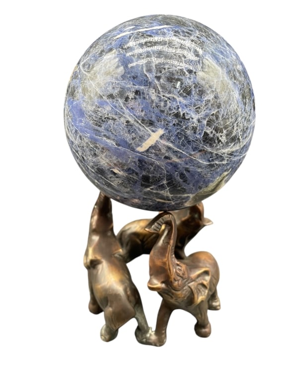 DECORATIVE STONE SPHERE ON BRONZE TONE ELEPHANT (1 of 3)