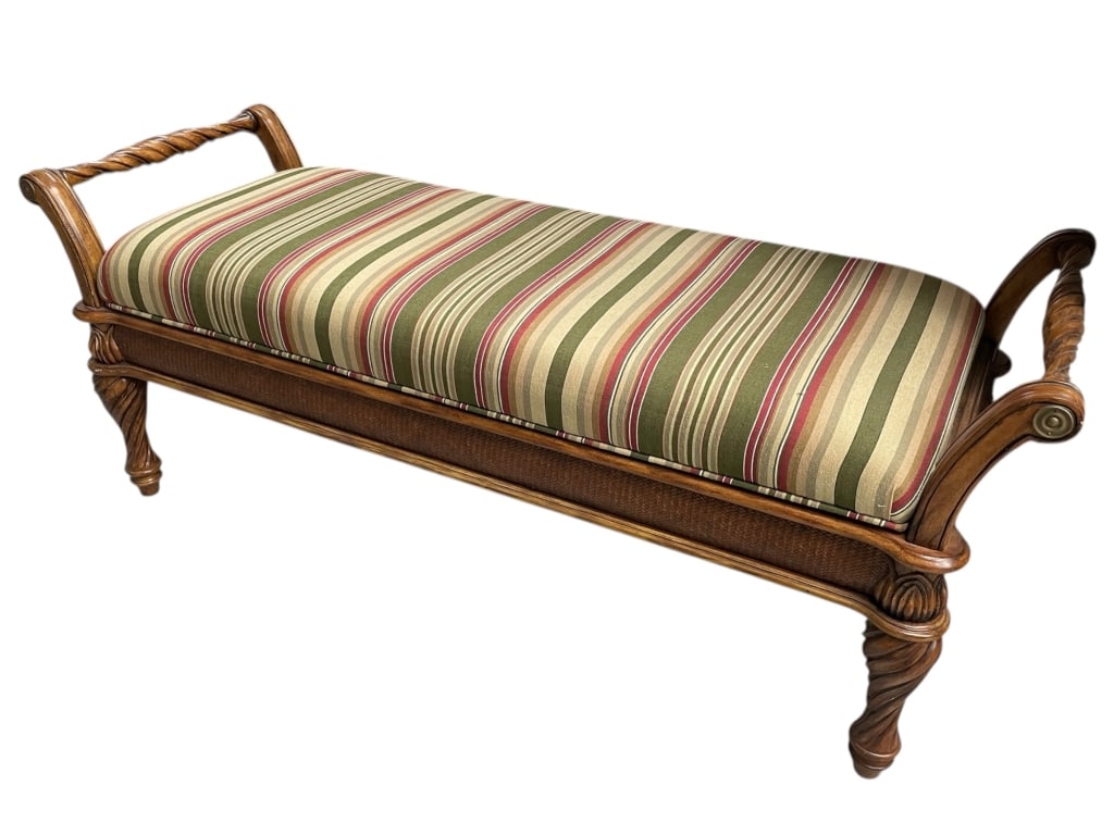 CARVED WOOD UPHOLSTERED BENCH W SCROLL ARMS 57" (1 of 6)