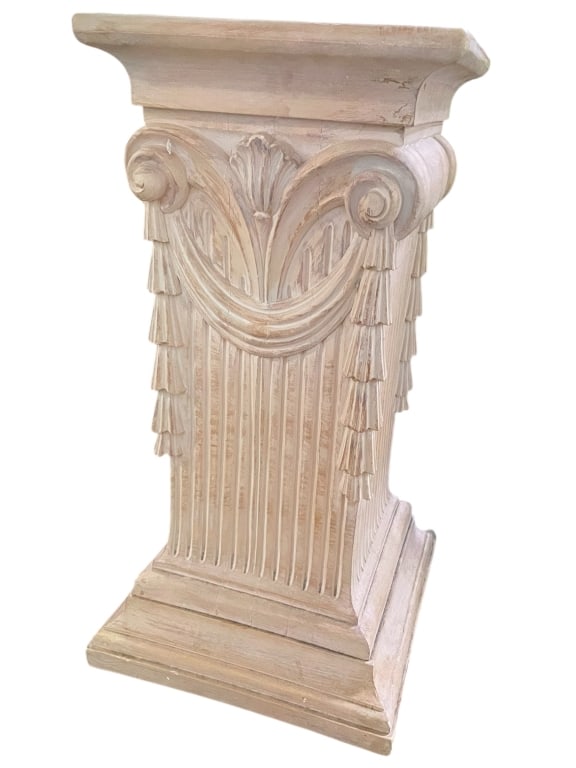 NEOCLASSICAL CERAMIC PEDESTAL COLUMN STAND 30": NEOCLASSICAL CERAMIC PEDESTAL COLUMN STAND 30" -Very good pre owned condition -Approx 30"h x 14"w -Finished in a soft, antiqued painted surface with intentional distressing, the pedestal offers timele