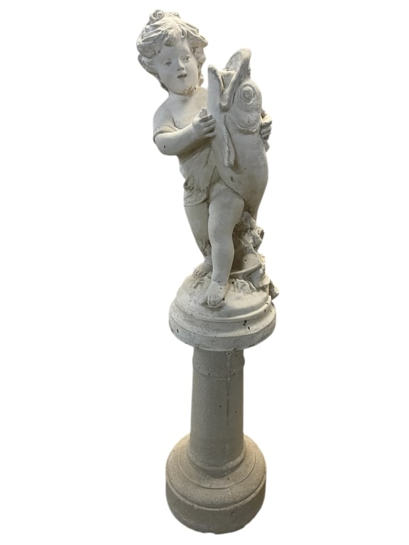 GARDEN STATUE OF CHERUB HOLDING FISH 45" (1 of 9)