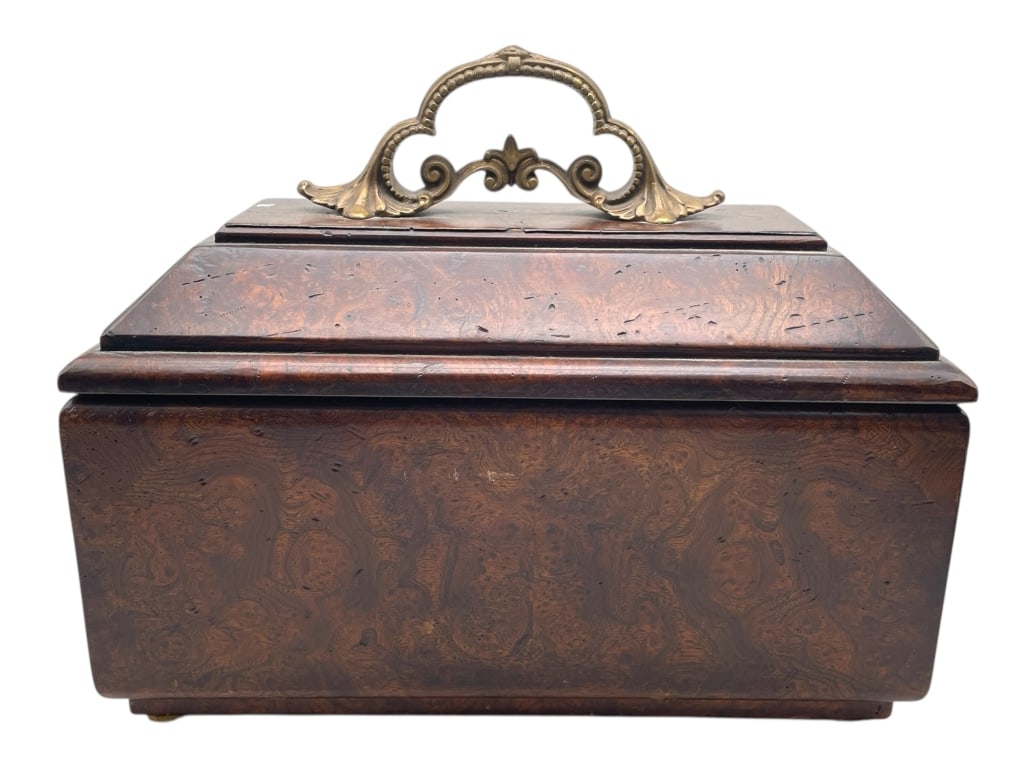 ANTIQUE STYLE BURL WOOD BOX W BRASS HANDLE 16" (1 of 11)