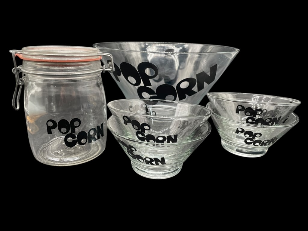 VINTAGE GLASS “POP CORN?? SNACK BOWL AND JAR SET (1 of 3)