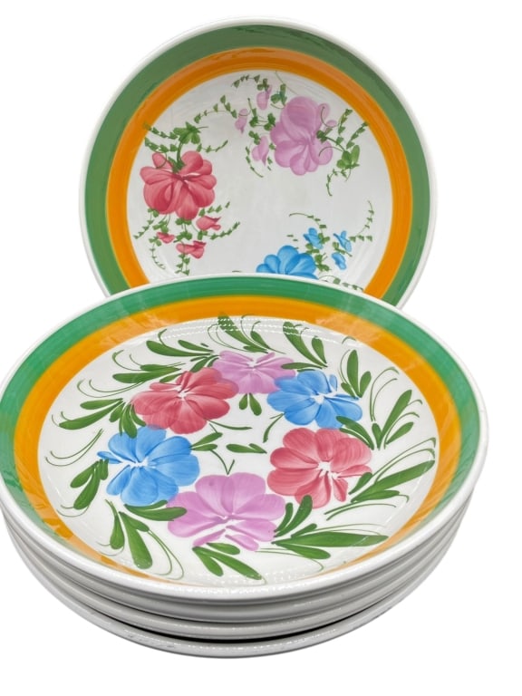 HAND-PAINTED ITALIAN CERAMIC FLORAL BOWLS – 5: HAND-PAINTED ITALIAN CERAMIC FLORAL BOWLS – SET OF 5 -Beautiful set of five hand-painted ceramic bowls featuring vibrant floral motifs in pink, blue, and green with bold yellow and green rim accents