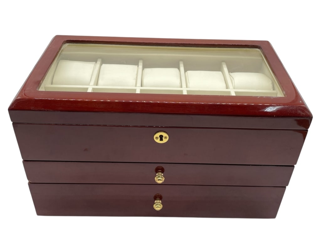 MAHOGANY FINISH GLASS-TOP WATCH STORAGE BOX 14" (1 of 11)
