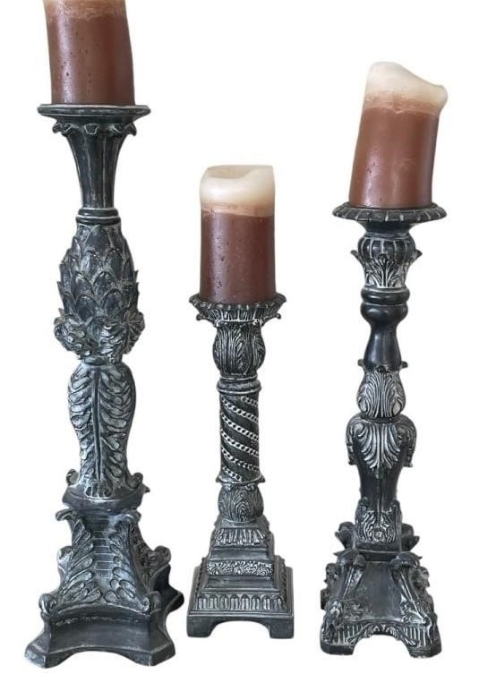 SET OF 3 GRAPHITE STYLE CANDLESTICKS 22": SET OF 3 GRAPHITE STYLE CANDLESTICKS -22" HEIGHT TO TALLEST -GOOD PRE OWNED CONDITION By bidding on this item, you have read, understand, and agree to the terms and conditions of the auction. To sched