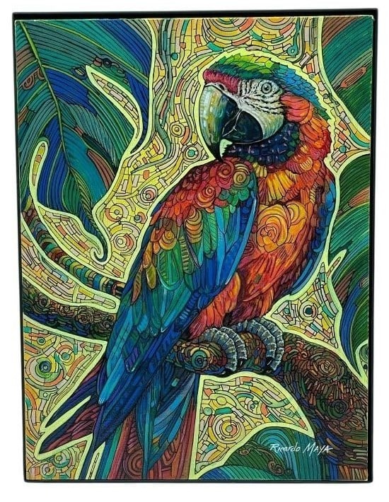 RICARDO MAYA 16" X 12" ORIGINAL PAINTING: RICARDO MAYA ORIGINAL PAINTING | RICARDO MAYA ORIGINAL PAINTING – VIBRANT 16" X 12" MIXED MEDIA WORK FEATURING A COLORFUL MACAW PARROT PERCHED ON A BRANCH, SET AGAINST AN INTRICATE, MOSAIC-STYLE BAC