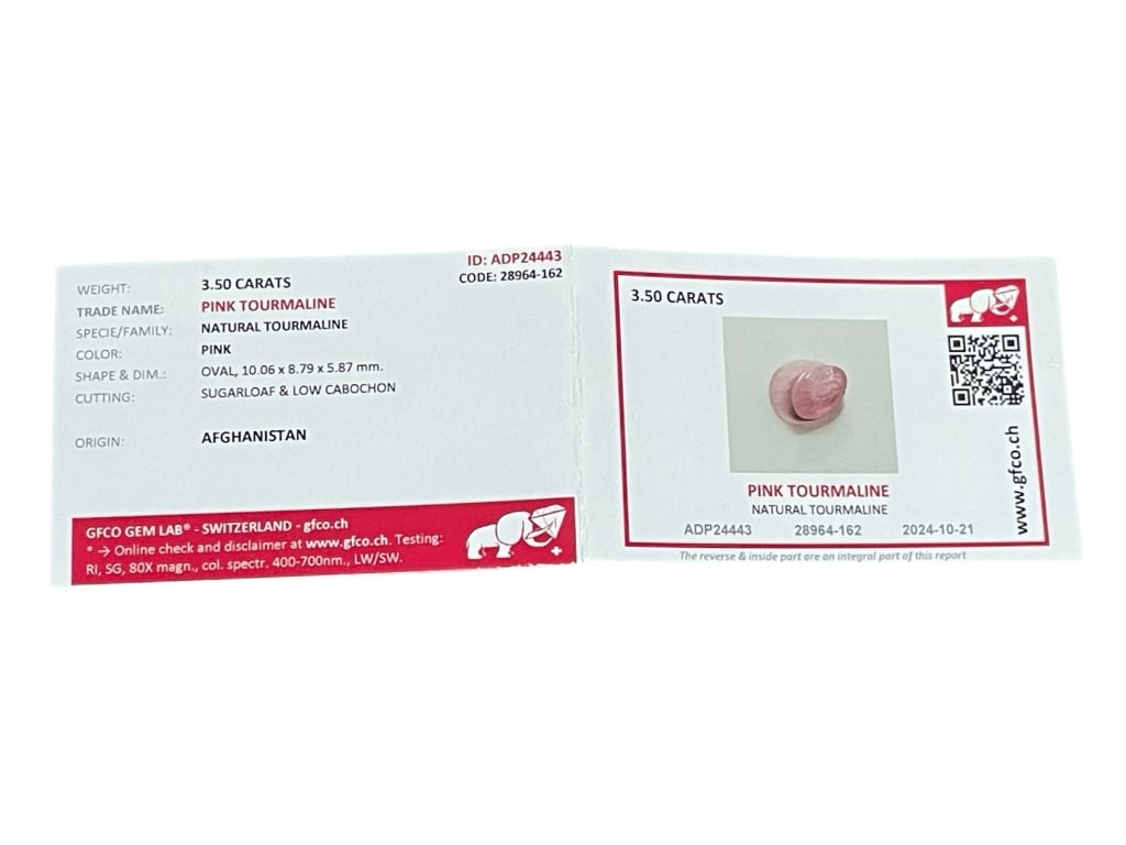 GFCO CERTIFIED 3.50 CARAT NATURAL PINK TOURMALINE: GFCO CERTIFIED 3.50 CARAT NATURAL PINK TOURMALINE – SUGARLOAF / LOW CABOCHON, AFGHANISTAN -This certified natural pink tourmaline features a soft rosy hue and an elegant sugarloaf/low cabochon cut,