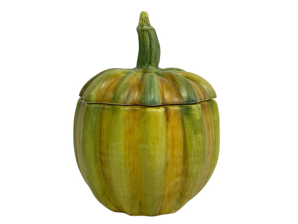 ITALIAN CERAMIC HAND PAINTED PUMPKIN W LID 7": ITALIAN CERAMIC HAND PAINTED PUMPKIN W LID 7" -Very good pre owned condition -Made in Italy -Approx 7"h x 5"w -This charming vintage ceramic pumpkin tureen features a beautifully hand-painted finish i