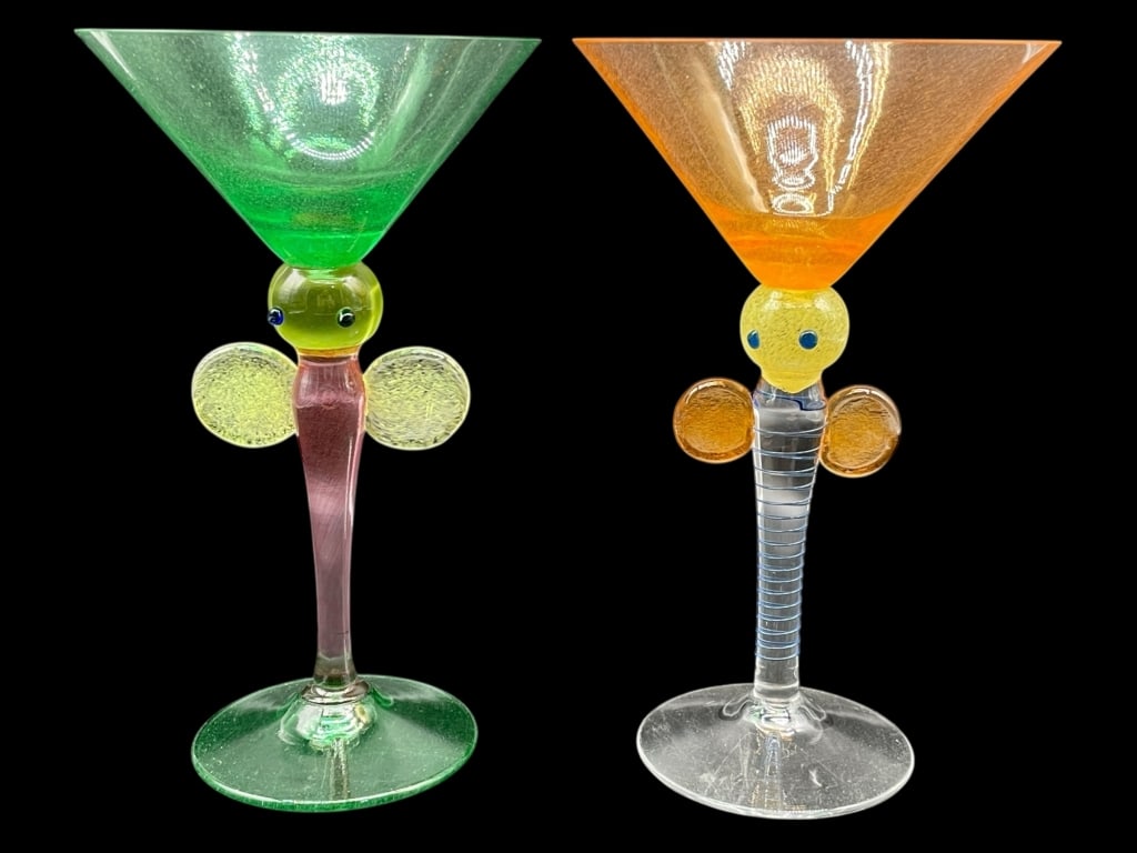 TWO CHARACTER STEM ART GLASS MARTINI GLASSES (1 of 4)