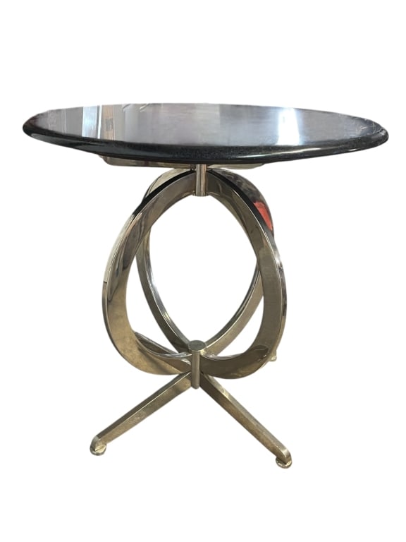 MODERN ROUND NICKEL SIDE TABLE W BLACK STONE TOP (1 of 5)