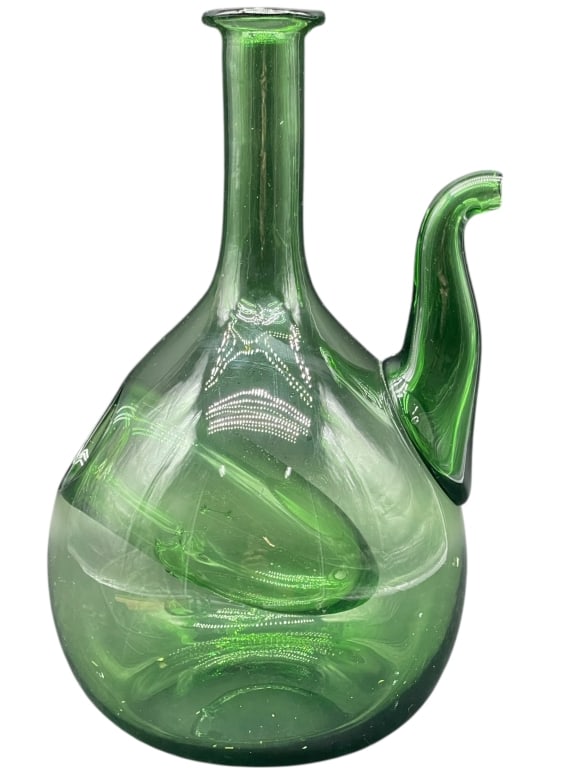 VINTAGE SPANISH GREEN GLASS PORRON WINE PITCHER: LARGE VINTAGE SPANISH GREEN BLOWN GLASS PORRON WINE PITCHER -This striking, vintage Porrón is a large, hand-blown Spanish communal wine pitcher made from deep emerald green glass, featuring the tradi