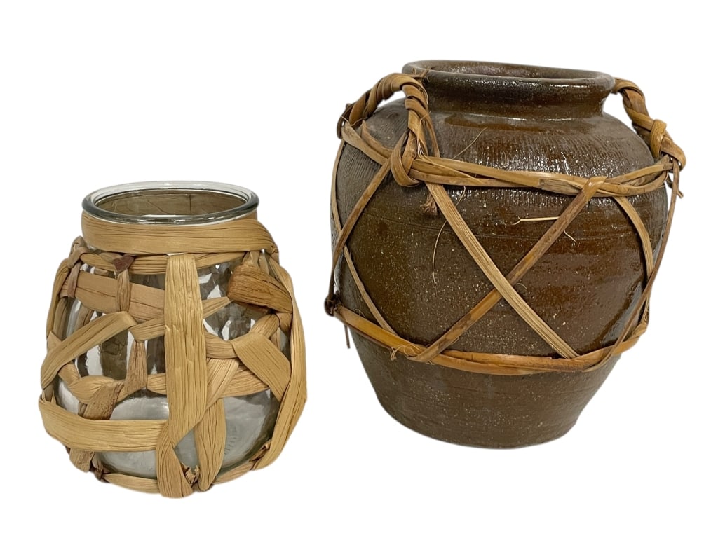 TWO DECORATIVE VESSELS WITH WRAPPED NATURAL FIBER (1 of 3)