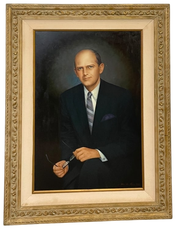 FRAMED OIL ON CANVAS PORTRAIT OF A GENTLEMAN 48": FRAMED OIL ON CANVAS PORTRAIT OF A GENTLEMAN. THIS WELL-EXECUTED MID-20TH CENTURY PORTRAIT FEATURES A BALDING MAN IN A DARK SUIT WITH A STRIPED TIE, HOLDING HIS EYEGLASSES IN HAND. PRESENTED IN AN ORN