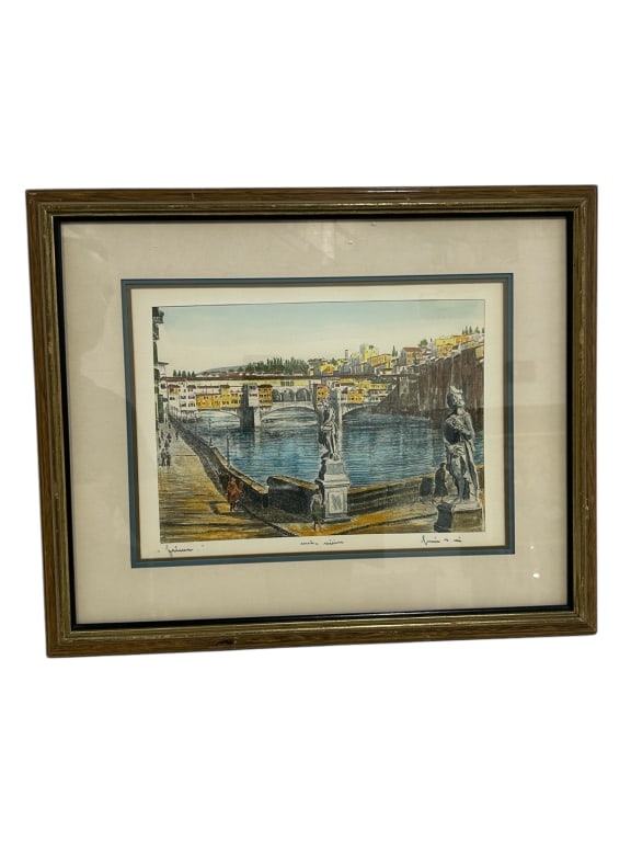 SIGNED FRAMED HAND COLORED ETCHING 15.5" (1 of 6)