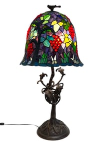 TIFFANY STYLE LEADED GLASS TABLE LAMP W GRAPES 37"