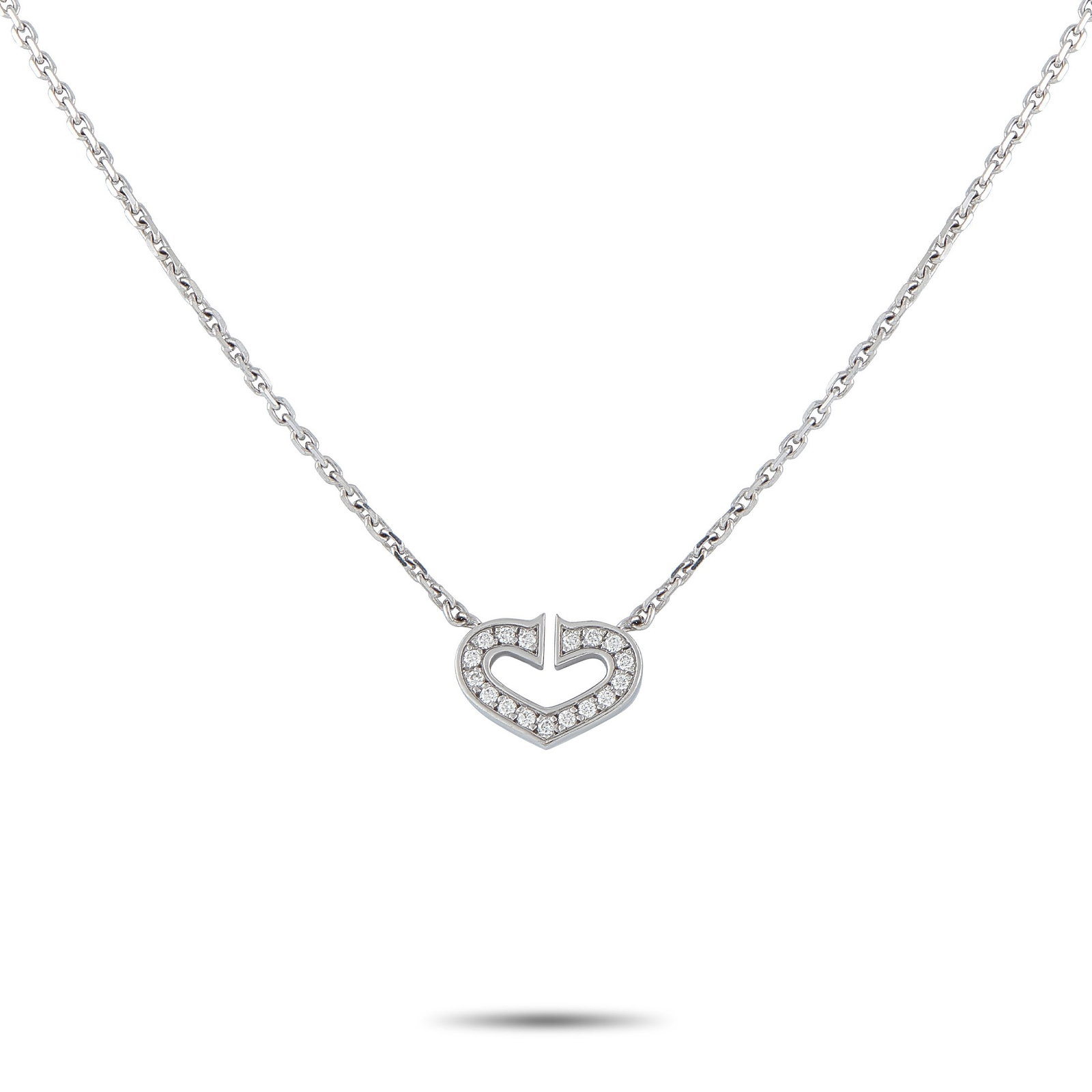CARTIER 18K WHITE GOLD DIAMOND C HEART NECKLACE #: Delicate yet refined, this Cartier necklace adds a subtle shimmer to the neckline without overwhelming the look. Its pendant features two C motifs in cool white gold that form a subtle heart shape. Th