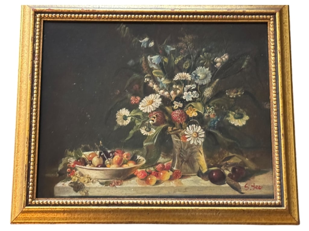 OIL ON BOARD STILL LIFE WITH FLOWERS & FRUIT 11" (1 of 4)