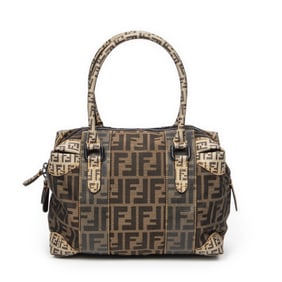 FENDI B MIX BOSTON BROWN ZUCCA CANVAS HANDBAG