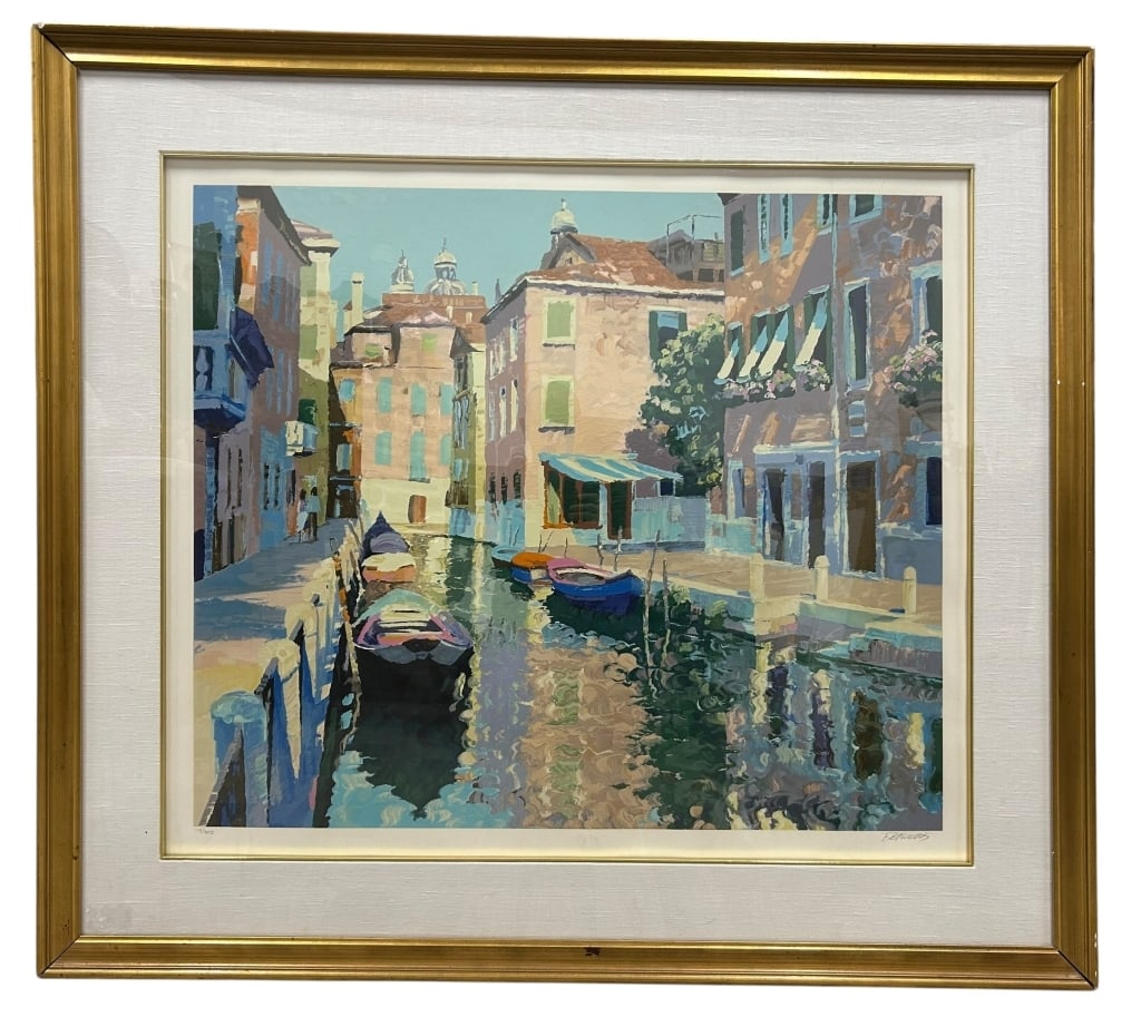 HOWARD BEHRENS VENETIAN CANAL SIGNED SERIGRAPH 52": HOWARD BEHRENS (AMERICAN, 1933) VENITIAN CANAL SCENE PENCIL SIGNED AND NUMBERED (175/300) SERIGRAPH.-IN VERY GOOD PREOWNED CONDITION. SOME WEAR TO THE FRAME.-MEASURES APPROX 52.5"W X 1"D X 47.5"HBy