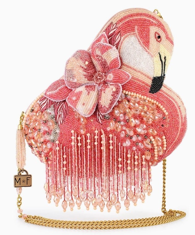NEW MARY FRANCES A LEG TO STAND ON PINK FLAMINGO: NEW MARY FRANCES A LEG TO STAND ON PINK FLAMINGODescriptionNEW MARY FRANCES A LEG TO STAND ON PINK FLAMINGO BEADED CROSSBODY HANDBAG-NEW-WITH ITS DAZZLING PINK BEADWORK AND CASCADING FRINGE, A LEG TO