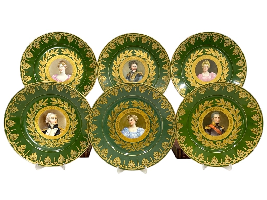 6 SEVRES PORCELAIN GREEN PORTRAIT PLATES 9": 6 SEVRES PORCELAIN GREEN PORTRAIT PLATES 9"-VERY GOOD PRE OWNED CONDITION-APPROX 9"-SET OF 6 PLATES-EACH FEATURING A DIFFERENT HISTORICAL FIGURE – GREEN GROUNDS WITH RICH GOLD LAUREL BORDER –