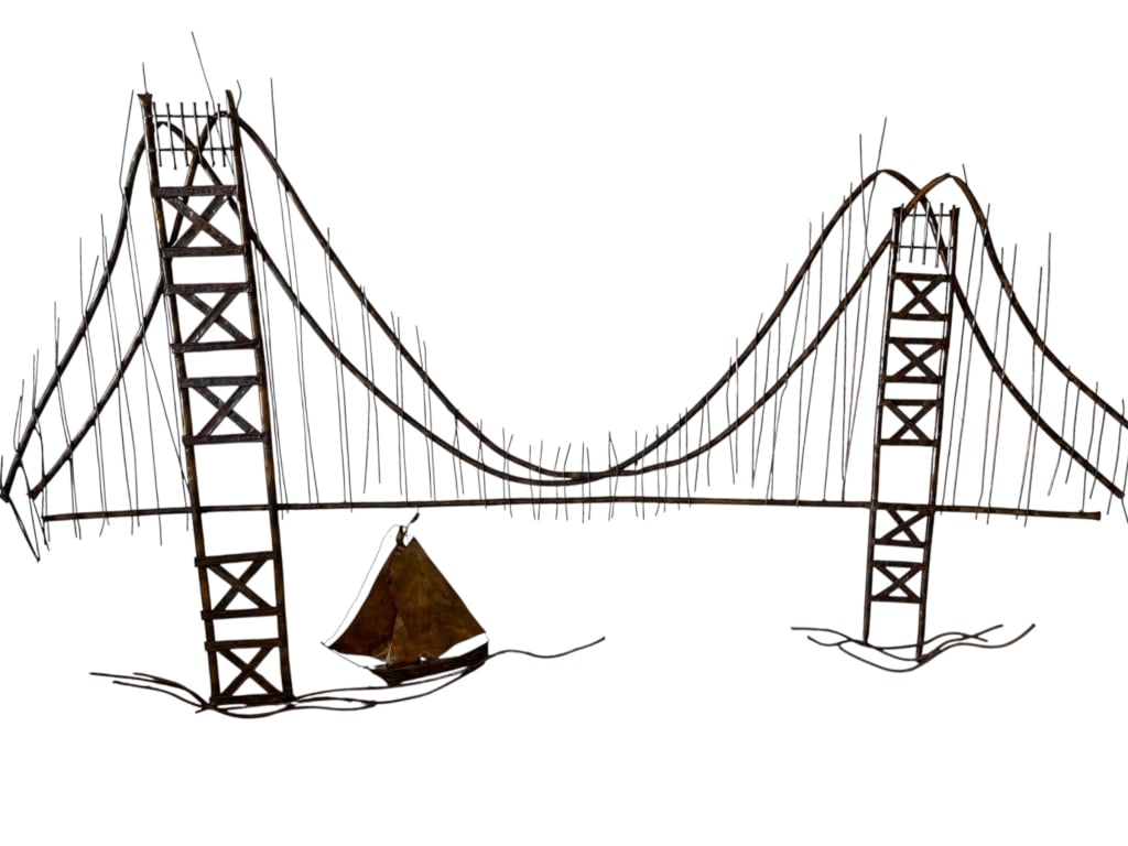 CURTIS JERE STYLE BRIDGE SAILBOAT SCULPTURE 72": CURTIS JERE STYLE LARGE MID-CENTURY MODERN BRUTALIST WALL SCULPTURE DEPICTING GOLDEN GATE BRIDGE BRIDGE WITH A SAILBOAT BELOW. EXECUTED IN COPPER WITH WELDED ROD CONSTRUCTION, THIS IMPRESSIVE PIECE