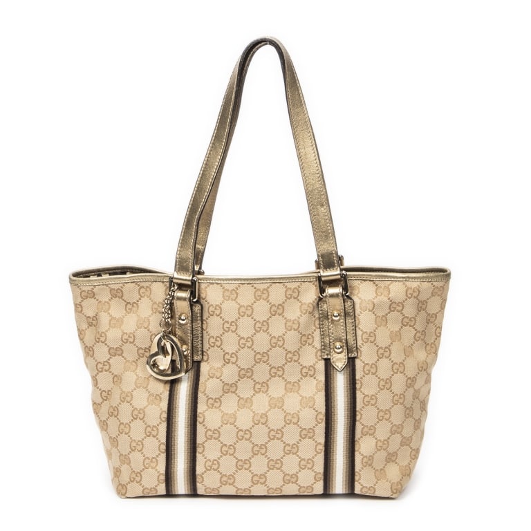 GUCCI JOLICOEUR MONOGRAMMED CANVAS TOTE: Gucci Jolicoeur Tote Beige/Gold Monogrammed Canvas Gold * COLOR: Beige/Gold * PRODUCTION CODE: 137396-002404 * INCLUDED: Charms 27*20*14cm * CONDITION: A * (3cm = 1inch approximately) * Luxury