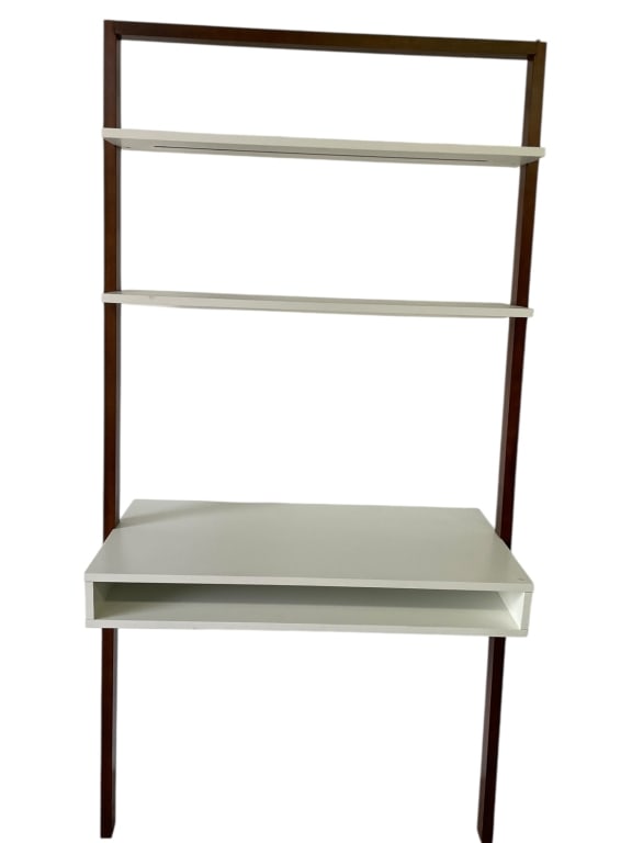 MODERN WOOD AND LACQUER WALL DESK WITH SHELVING: MODERN WOOD AND LACQUER WALL DESK WITH SHELVING 74" X 38" X 18" APPROX -Contemporary wall-mounted desk and shelving unit featuring a warm wood frame with contrasting white lacquer shelves and integrat