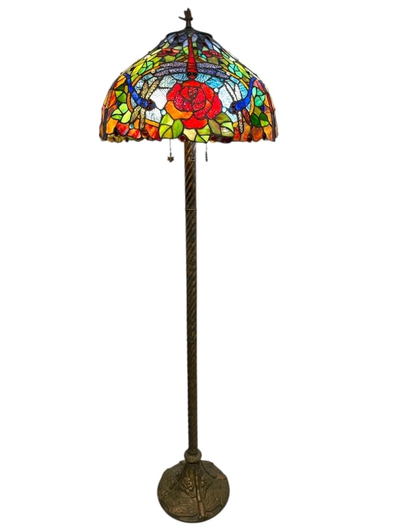 TIFFANY STYLE DRAGONFLY LEAD GLASS FLOOR LAMP 64": TIFFANY STYLE DRAGONFLY LEADED GLASS FLOOR LAMP – LIMITED EDITION -Tiffany style leaded glass floor lamp featuring a dramatic dragonfly motif shade with finely detailed wings, vibrant jewel-toned gl