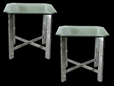 PAIR OF MODERN CHROME AND GLASS END TABLES