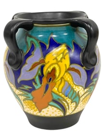 SIGNED DUTCH GOUDA POTTERY FLORAL HANDLED VASE