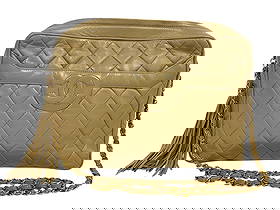 CHANEL CLASSIC QUILTED LEATHER CAMERA BAG: CHANEL CLASSIC QUILTED LEATHER CAMERA BAG WITH TASSEL AND GOLD CHAIN STRAP -Very good owned condition -Approx 10"l x 3"w x 7"h -Iconic vintage Chanel camera bag crafted in buttery beige quilted lambsk