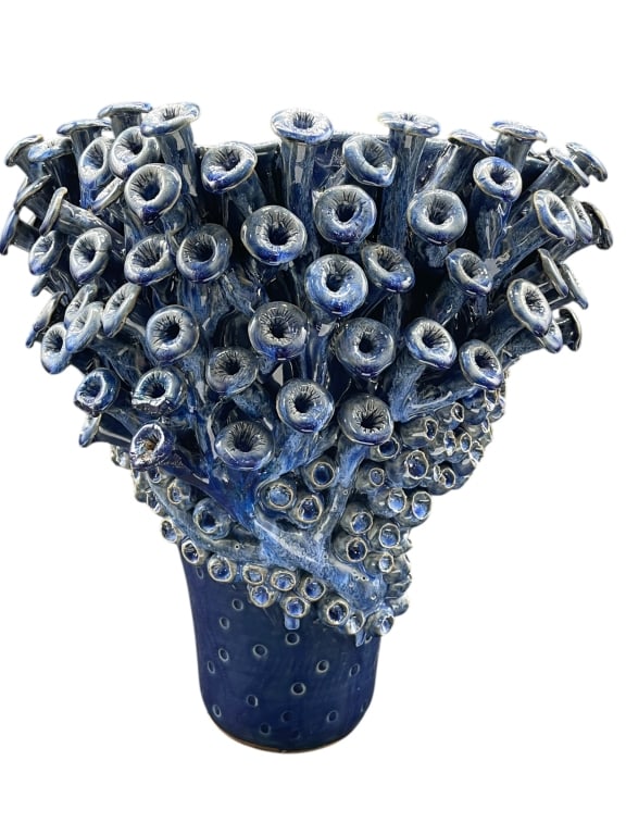 FRENCH SHELLS BAROQUE BLUE CERAMIC VASE 16": FRENCH SHELLS BAROQUE CORAL-INSPIRED BLUE CERAMIC VASE – -This striking French Shells Baroque vase features an elaborate coral-inspired sculptural form rendered in rich cobalt and deep ocean blue gl