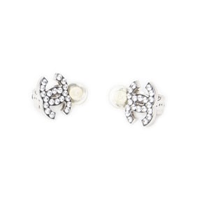 CHANEL CC RHINESTONE CLIP ON EARRINGS SILVER SILVE