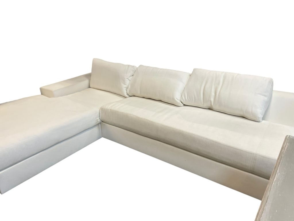 LARGE LE JEUNE SECTIONAL SOFA 156": LARGE LE JEUNE SECTIONAL SOFA | MODERN WHITE UPHOLSTERED SECTIONAL SOFA – CONTEMPORARY LOW-PROFILE SECTIONAL FEATURING CLEAN LINES, WIDE ARMRESTS, AND PLUSH CUSHIONS IN A CRISP WHITE FABRIC. DESIGNE