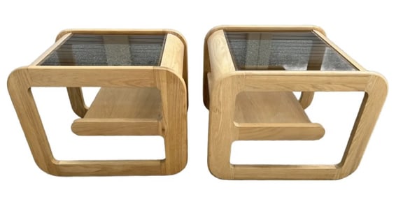 LOU HODGES MID MOD OAK & GLASS END TABLES W SHELF