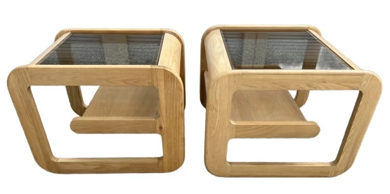 LOU HODGES MID MOD OAK & GLASS END TABLES W SHELF: PAIR OF MID-CENTURY SOLID OAK & CLEAR GLASS TOP END TABLES, ATTRIBUTED TO LOU HODGES -Exceptional pair of Mid-Century Modern end or side tables crafted from solid oak with sculptural architectural fra