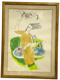 1968 EZRA SIGNED A/P LITHOGRAPH GIRL W BIRD 32"