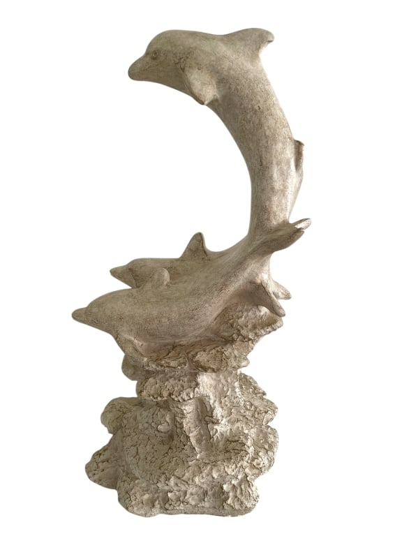VANGUARD DOUBLE DOLPHIN CERAMIC SCULPTURE 26": VANGUARD STUDIOS DOUBLE DOLPHIN CERAMIC SCULPTURE -This sculptural ceramic dolphin figure features two dolphins captured in dynamic motion, leaping upward from a textured coral-style base. Finished in