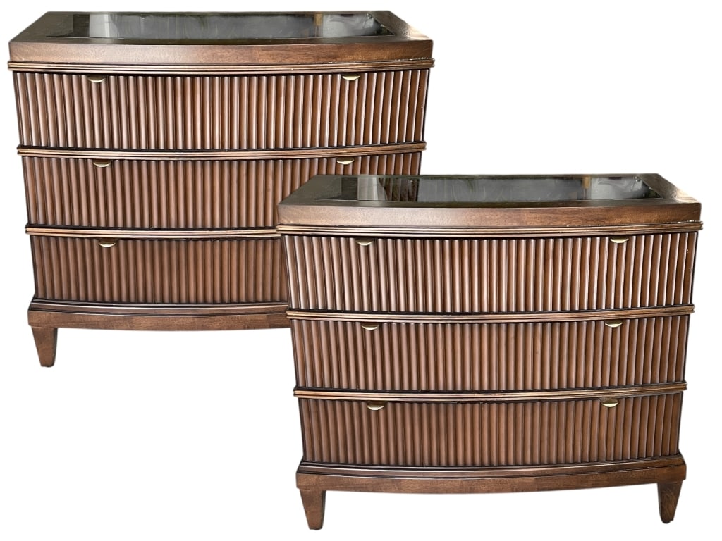 PAIR OF BERNHARDT BEVERLY GLENN NIGHTSTANDS: BERNHARDT FLUTED WOOD NIGHTSTANDS WITH GLASS TOPS – PAIR -This matching pair of Bernhardt nightstands features the same rich wood tone, fluted vertical drawer detailing, and refined transitional sty